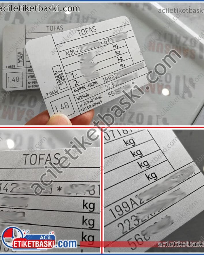 tofaş, araç motor etiketi, yönetmeliğe uygun, yıpranan yerine, kaliteli, lazer ile baskı, uzum süre dayanır, tasarım desteği, aynı gün gönderim, doğan, kartal, fiat, palio vb araçlar için yeniden üretilir