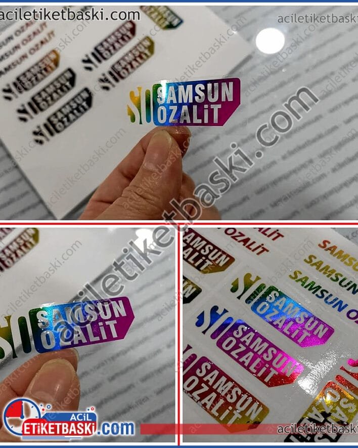 hologram şeffaf etiket, deneysel baskı, kaliteli, yansımalı, çok renkli, hologram etiket, şeffaf taban, üzeri varak yaldız baskı, farklı alanlarda kullanılabilir, özel tasarım ve üretim etiket baskıları