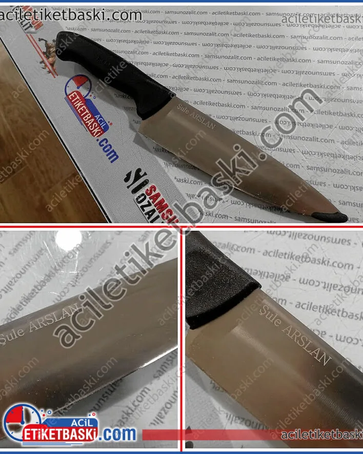 pirge, bıçak üzerine, isim baskısı, şef isim baskısı, bekle ve al, lazer ile kazıma, hızlı üretim, acil baskı, kalıcı baskı, kazıma, baskı, samsun baskı merkezi