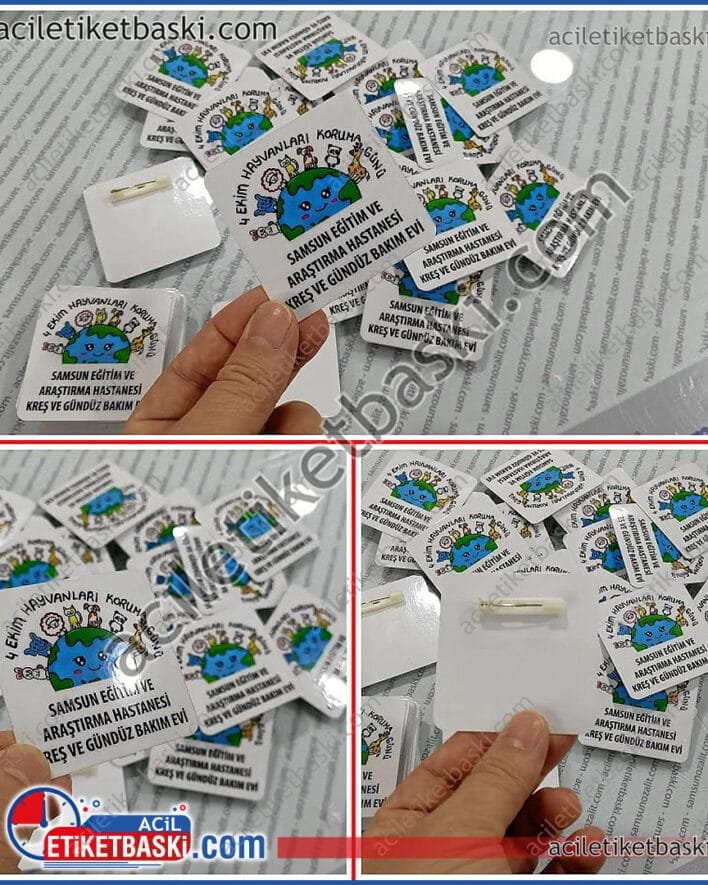 yaka kartı, yaka kokartı, basit ucuz ürün, pvc kaplı, arkası iğneli, 6,5x6,5cm ebadında, istenilen ebat üretilir, acil üretim, hızlı gönderim, kaliteli baskı