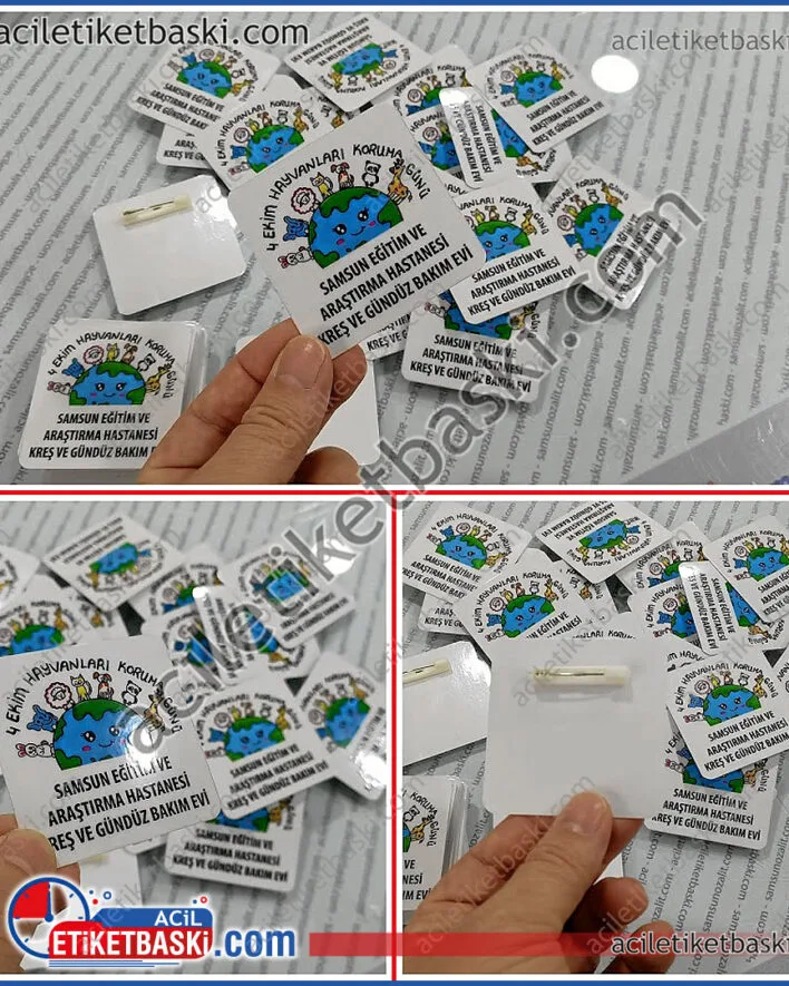 yaka kartı, yaka kokartı, basit ucuz ürün, pvc kaplı, arkası iğneli, 6,5x6,5cm ebadında, istenilen ebat üretilir, acil üretim, hızlı gönderim, kaliteli baskı