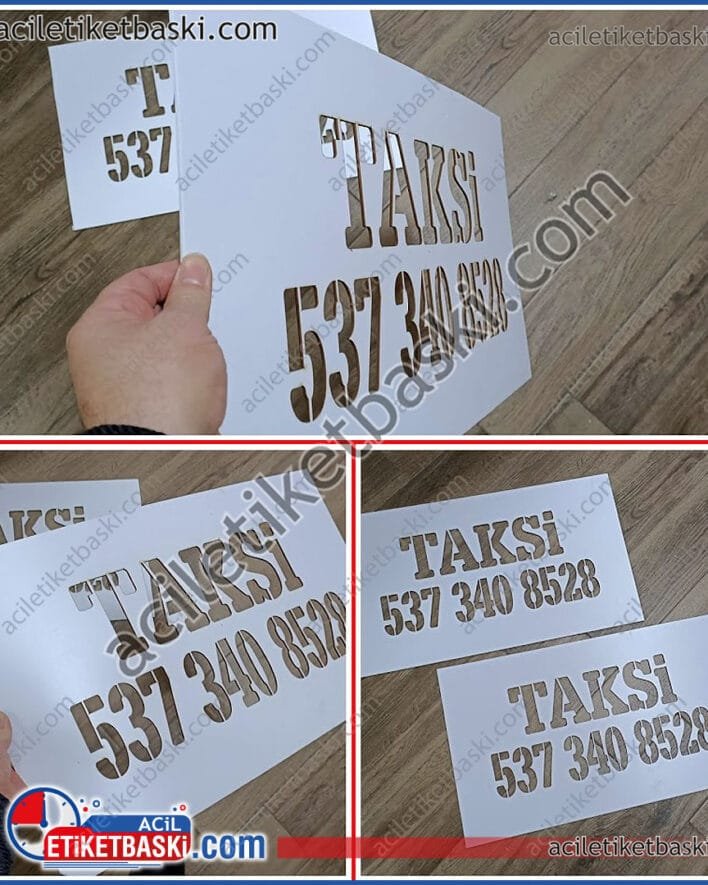 Taksi yer ve duvar boyama şablonu, plastik malzeme, kolay deforme olmaz, hızlı üretim, tasarım desteği, sprey boyamaya uygun, şablon baskı merkezi, üretim, imalat, lazer kesim