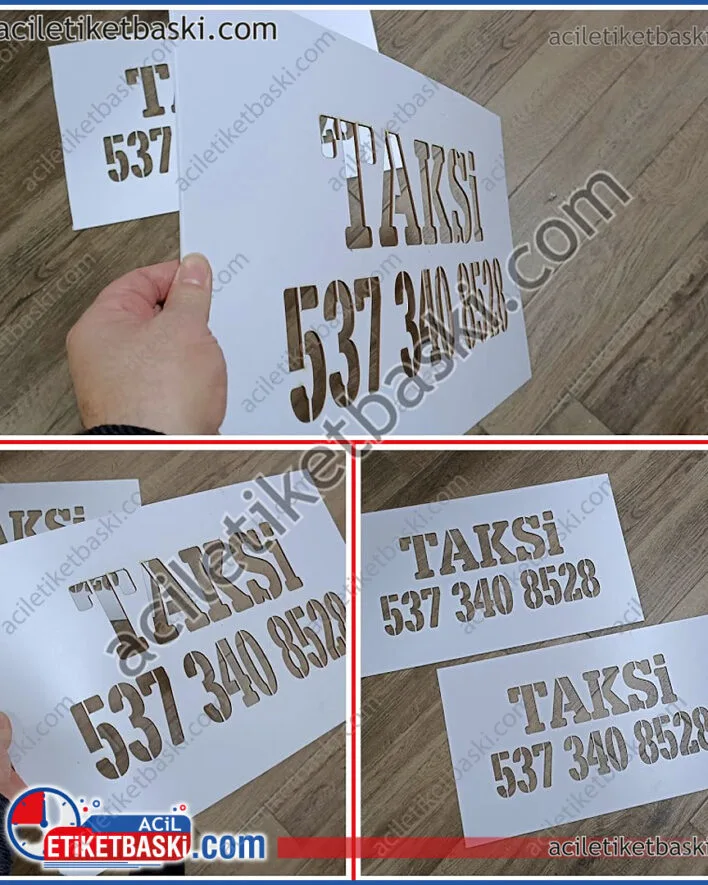 Taksi yer ve duvar boyama şablonu, plastik malzeme, kolay deforme olmaz, hızlı üretim, tasarım desteği, sprey boyamaya uygun, şablon baskı merkezi, üretim, imalat, lazer kesim