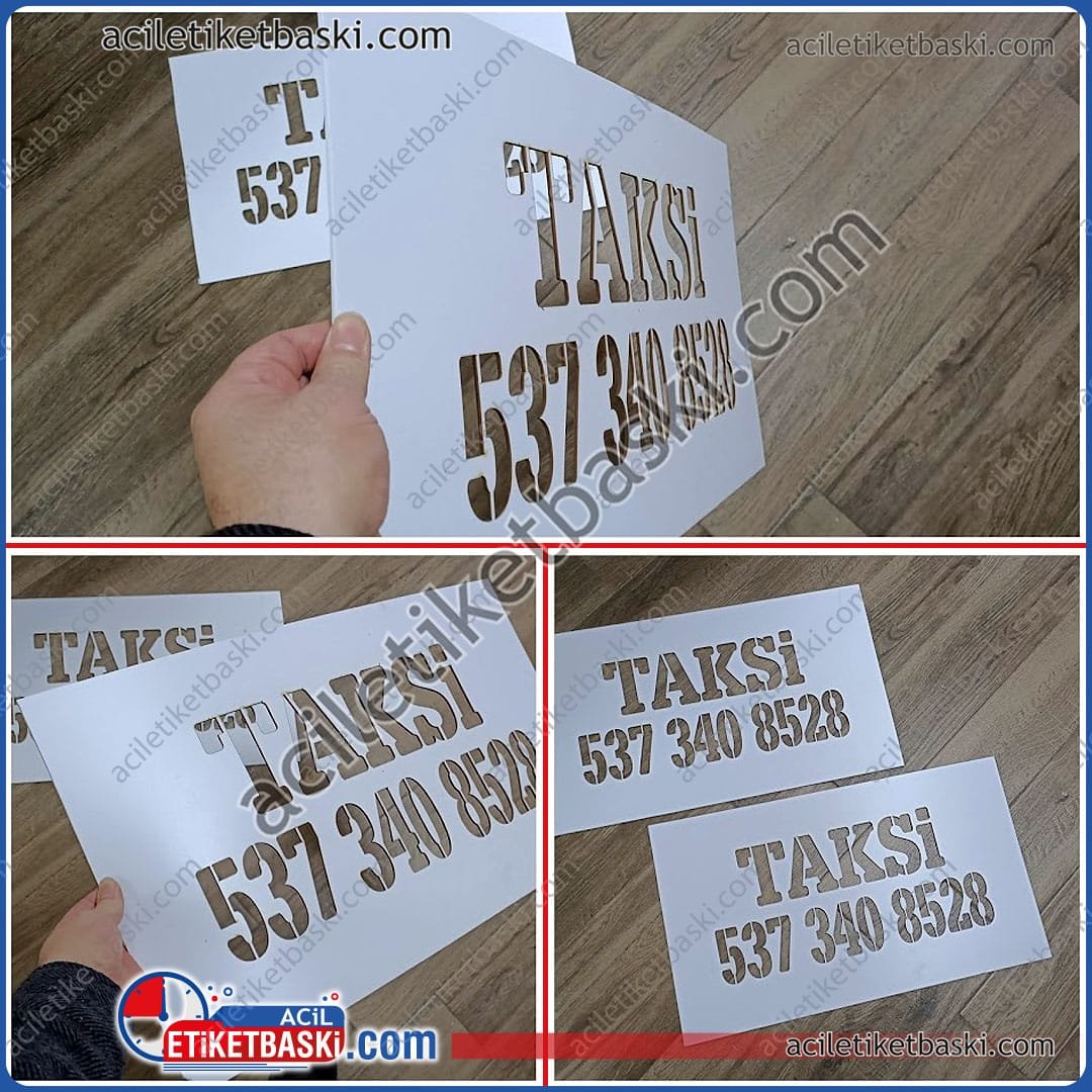 Taksi yer ve duvar boyama şablonu, plastik malzeme, kolay deforme olmaz, hızlı üretim, tasarım desteği, sprey boyamaya uygun, şablon baskı merkezi, üretim, imalat, lazer kesim Taksi yer ve duvar boyama şablonu, plastik malzeme, kolay deforme olmaz, hızlı üretim, tasarım desteği, sprey boyamaya uygun, şablon baskı merkezi, üretim, imalat, lazer kesim