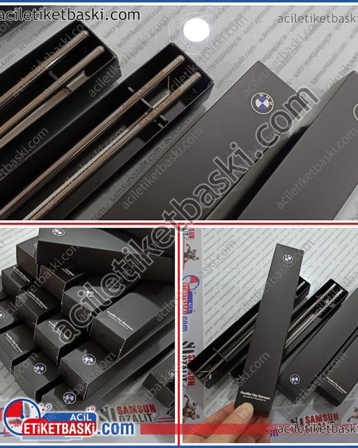 chopstick, çin yemek çubuğu, metal ürün, üzerine lazer ile kalıcı baskı, BMW müşteri ziyaretçileri için yapılan, toplantı sonrası yemek yeme hediyesi, acil kutu üretimi yapılmıştır, az adet ürün için, kişiselleştirme kutuları, ürün baskıları, ürün temini ve tasarımı yapılmaktadır, acil baskı merkezi