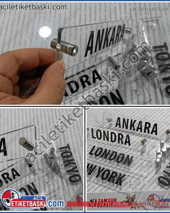 Dünya Saati altına Şehir isimleri yazılması, tabela, dekoratif vidalı ürün, dünya ülke saati için, kaliteli pleksi tabela, 5mm şeffaf pleksi, üzeri folyo kesim, kenarlara 2 adet dekoratif vida ile yapılmıştır, hızlı üretim tabela, acil baskı merkezi