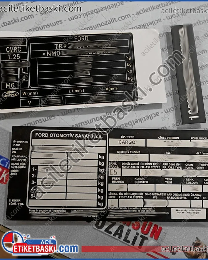 ford Cargo, araç metal etiket, şasi etiket, yükkaldırma etiketi, bilgilendirme etiketi, motor seri no etiketi, cam altı etiket ve iç kapı etiketi, aslına uygun üretim, imalat ve tasarım desteği
