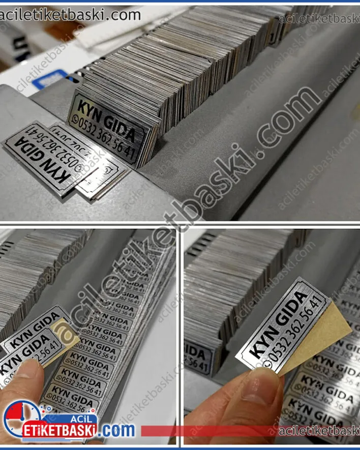 metal etiket, gümüş metal plaka baskısı, arkası bantlı, metal etiket üretimi, hızlı üretim, aynı gün gönderim, 0,5mm paslanmaz alüminyum, adetli baskı yapılmıştır, 5x2cm ebadında ürün için birim fiyat yazılmıştır, acil etiket baskı merkezi, markanı metale bastır
