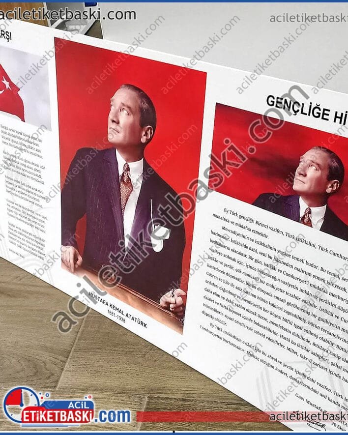90x45cm Atatürk Resmi, istiklal marşı, gençliğe hitabe, şeklinde üçlü tablo baskısı, okul, işletme, kurumlar için, tabela, 5mm taban, dış mekan dayanıklı, solmaz, sudan etkilenmez, tabela baskısı