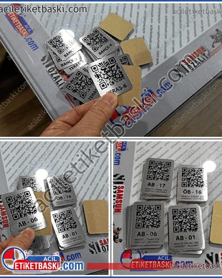 QR kod metal etiket, masa menü etiketi, arkası bantlı, paslanmaz alüminyum, gerçek metal, üretim, imalat, acil metal etiket, baskı merkezi