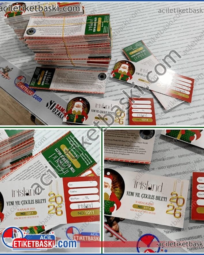 bilet baskısı, yılbaşı bileti, 20x5cm ebadında, 2 yüzey baskılı, 300 gr kuşe, kopabilen, üzerinde numaratör olan, bilet baskı örneği, çekiliş bileti, üretim imalat, karton bilet, kağıt bilet, koparmalı, hızlı üretim, 1-2 günde kargo yapılabilir, acil baskı merkezi, üretim imalat