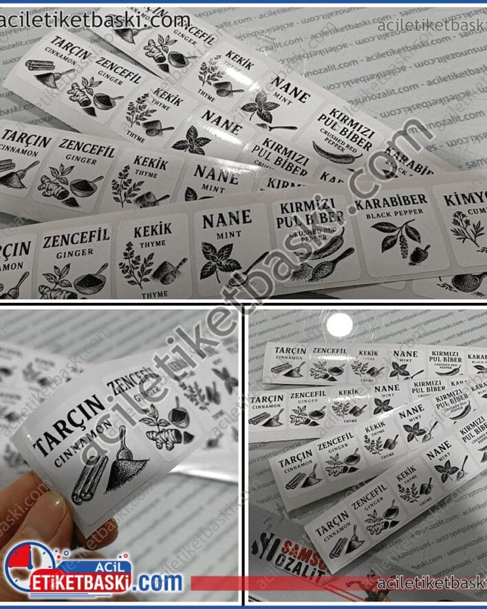 kavanoz etiketi, baharatlık etiketi, hızlı üretim, acil etiket baskı merkezi, kaliteli yapışkanlı, az adet üretim, tasarım desteği, üretim, imalat, dış mekan dayanıklı, yıkanabilir
