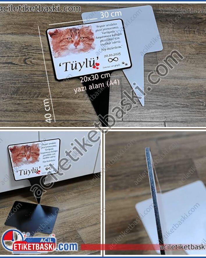 kedi evcil hayvan, mezar taşı, kaliteli ürün, hızlı üretim, aynı gün kargo, toprağa saplanır, Baskı alanı 20x30 cm, ürün ebadı 30x40cm, kaliteli ürün, paslanmaz malzeme, resim ve bilgiler yazılı, mezar taşı, mezar başlığı baskısı, aynı gün kargo, tasarım desteği