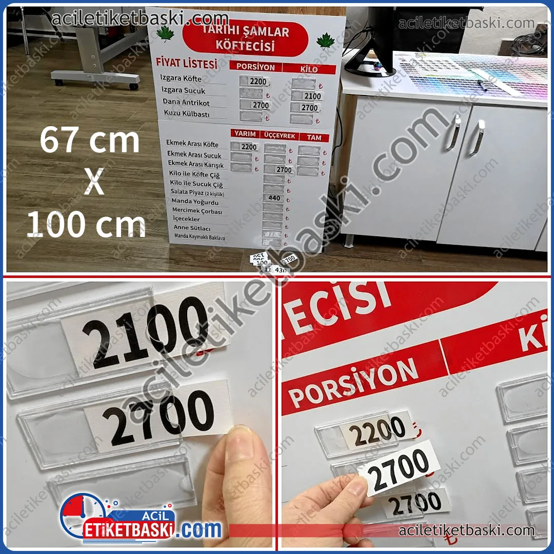 lokanta, restoran, büfe, yemek yerleri için, duvara monte, fiyatı değişen tabela üretimi, içi boş, cepler, içine kağıt basılıp konabilir, acil üretim, tasarım desteği 67x100cm ürün ebadı, kargoda sorun olmaması için bölünüp gönderilmiştir, cep sayısı ve ürün adedine göre fiyat alınız