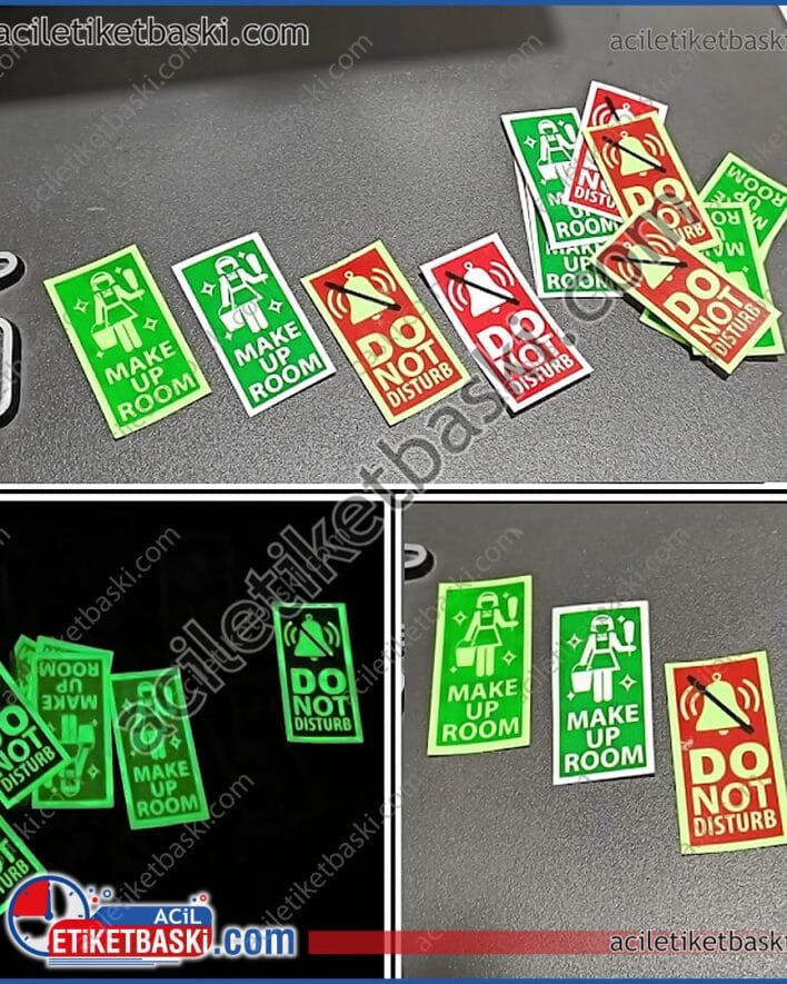 Fosforlu etiket, lümen folyo etiket baskısı, otel odaları için, ışık düğmesine, baskı, fosforlu ve lümen folyo etiket, karanlıkta parlar, kaliteli, istenilen ebat ve adet üretim yapılır, acil etiket baskı merkezi