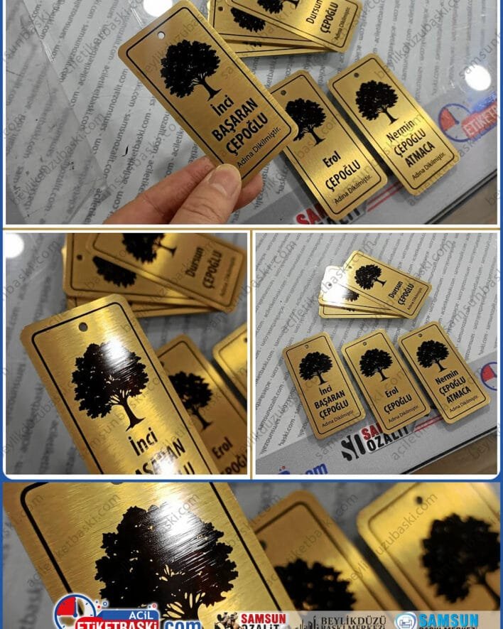 ağaç künyesi, ağaç dikim ve isimlendirme, diken kişi bilgileri, delikli, metal ürün, altın gümüş yapılabilir, dayanıklı siyah metal yapılabilir, tasarım desteği, aynı gün gönderim