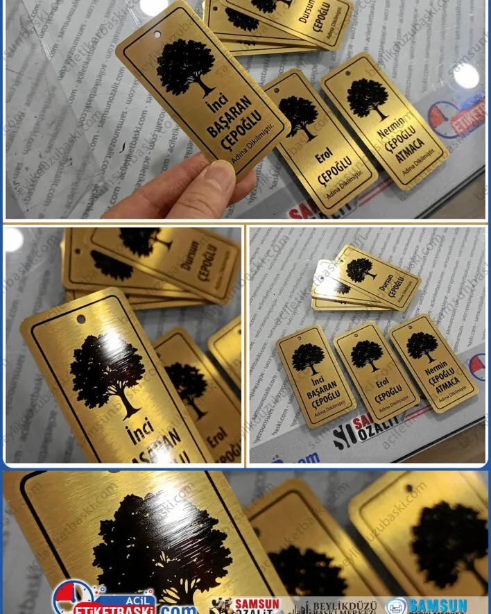 ağaç künyesi, ağaç dikim ve isimlendirme, diken kişi bilgileri, delikli, metal ürün, altın gümüş yapılabilir, dayanıklı siyah metal yapılabilir, tasarım desteği, aynı gün gönderim