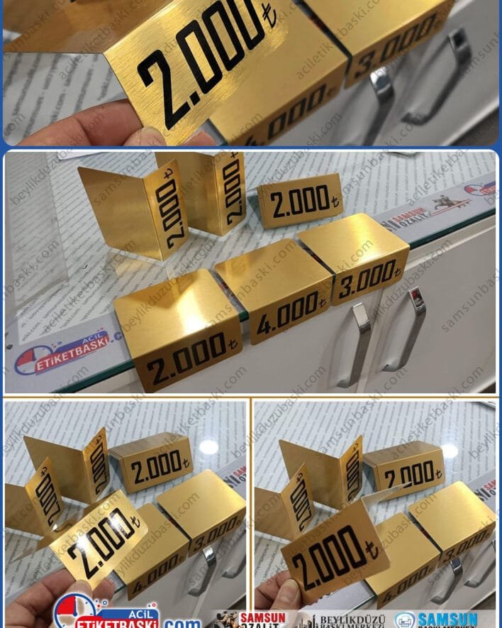 Büyük raf etiketi, vitrin, teşhir, showroom gibi yerlerde, ürün fiyatları için metal etiket üretimi, L şeklinde büküm, istenilen ebat üretim, altın ve gümüş renk, ebat adede göre fiyat, aynı gün gönderim, metal etiket baskı merkezi