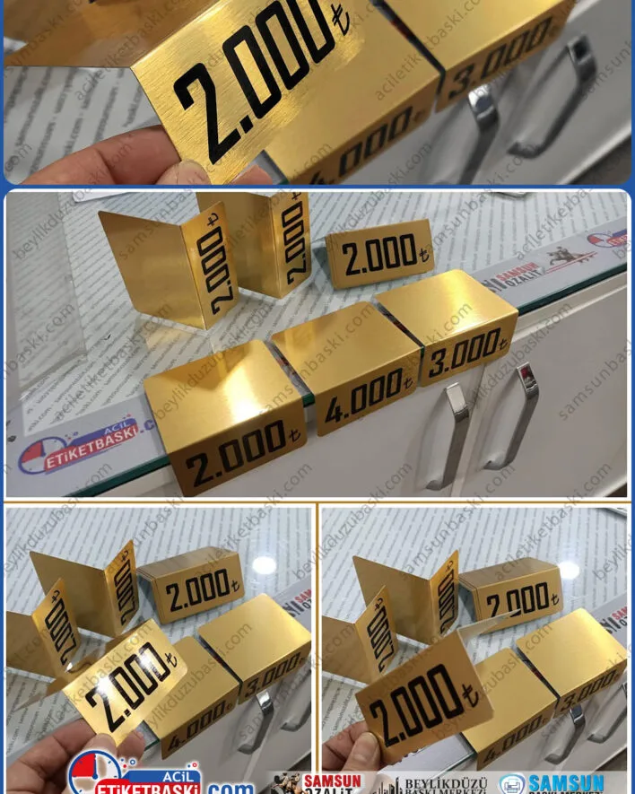 Büyük raf etiketi, vitrin, teşhir, showroom gibi yerlerde, ürün fiyatları için metal etiket üretimi, L şeklinde büküm, istenilen ebat üretim, altın ve gümüş renk, ebat adede göre fiyat, aynı gün gönderim, metal etiket baskı merkezi