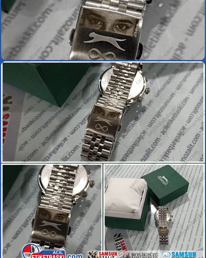 Göz şeklini metal üzerine basma, çelik, metal, altın, gümüş üzerine, göz ve yüz siluet baskıları, lazer ile çıkmaz baskı, ekte saat kordon üzerine baskı örneği var,