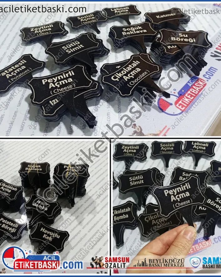 vitrin etiketi, pastane için, ürün önüne ve içine konan tabela, tek tek içerik baskısı, ebat ve adede göre fiyat değişir, baskılar lazer ile yapılmıştır, yıkanabilir, ürün gıda kullanımına uygundur, hazlı üretim aynı gün gönderim, tasarım desteği verilir