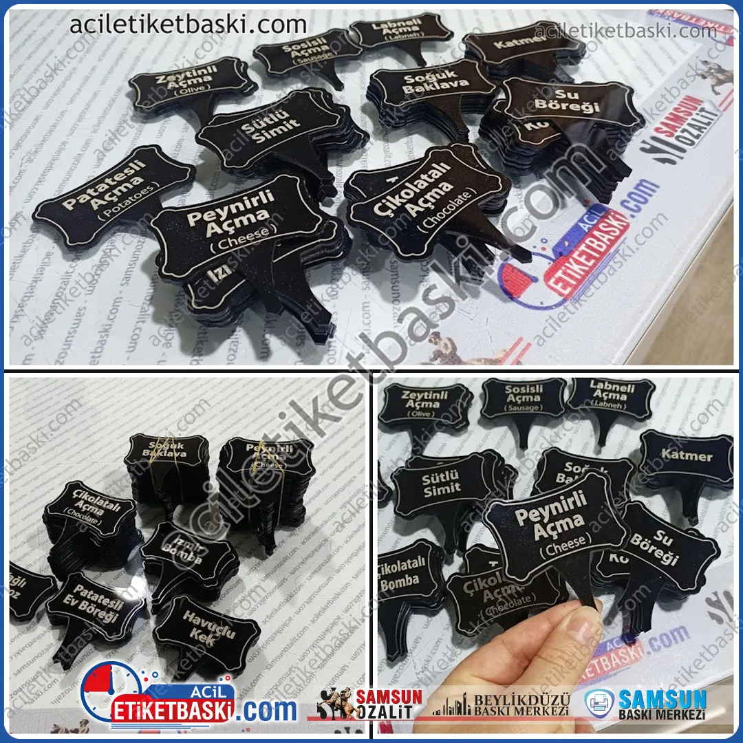 vitrin etiketi, pastane için, ürün önüne ve içine konan tabela, tek tek içerik baskısı, ebat ve adede göre fiyat değişir, baskılar lazer ile yapılmıştır, yıkanabilir, ürün gıda kullanımına uygundur, hazlı üretim aynı gün gönderim, tasarım desteği verilir