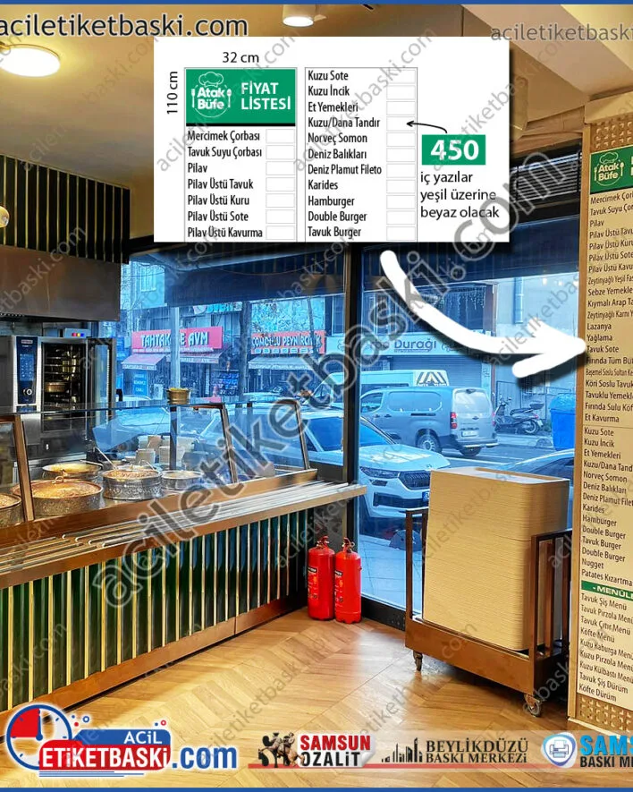 Sürekli fiyat değişiminde, standart listeler yerine, içerisindeki fiyatlar, kolay değişen, bir kağıt koymak kadar basit, menüler için ideal, lokanta, kafe, restoran, açık satışı olan, fiyat listesi bulundurma zorunluluğu olan yerlerde, pratik değiştirilebilen fiyatlarla işlevsel tabela üretimi, kargo gönderimi olur