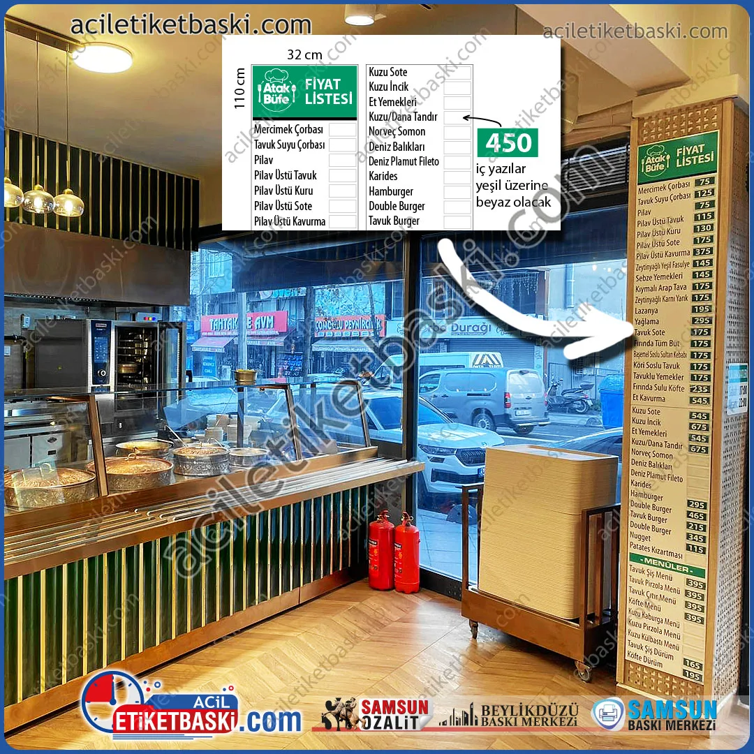 Sürekli fiyat değişiminde, standart listeler yerine, içerisindeki fiyatlar, kolay değişen, bir kağıt koymak kadar basit, menüler için ideal, lokanta, kafe, restoran, açık satışı olan, fiyat listesi bulundurma zorunluluğu olan yerlerde, pratik değiştirilebilen fiyatlarla işlevsel tabela üretimi, kargo gönderimi olur