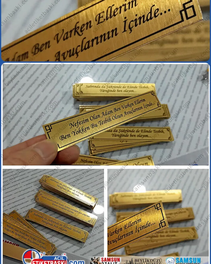 tesbih yazısı, tesbih için metal, altın renk, gümüş renk, kaliteli metal etiket, arkası bantlı, üretim imalat, acil etiket baskı merkezi