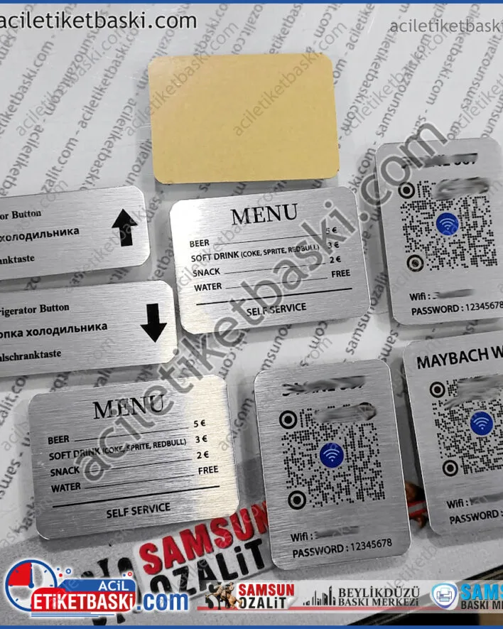 vip araçlar için, araç içine baskılı metal etiket, yönlendirme levhası, bilgilendirme levhası, menü, wifi şifresi, iletişim bilgileri, paylaşımlı metal etiket, qr kod, baskılı metal etiket üretim, imalat, özel ebat, özel tasarım, acil etiket baskı merkezi