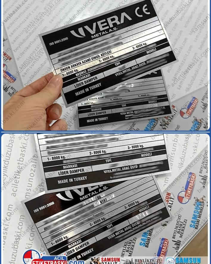 ALB etiketi, ağır yük araç etiketi, tır, kamyon dorse etiketi, aslına uygun, ağır yük taşıyan iş makineleri, aşırı yıpranan metal etiket revize baskıları, ALB etiket baskısı, Vera metal, Lider damper, etiket baskısı