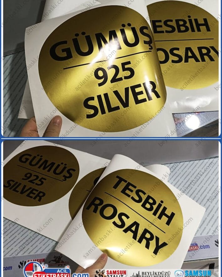 vitrin için folyo baskı, altın renk folyo etiket üzerine, baskı örneği, ebat ve adede göre fiyat alınız, kaliteli folyo etiket, baskı, kesim, tasarım, aynı gün gönderim, acil vitrin etiket baskıları, samsun baskı merkezi