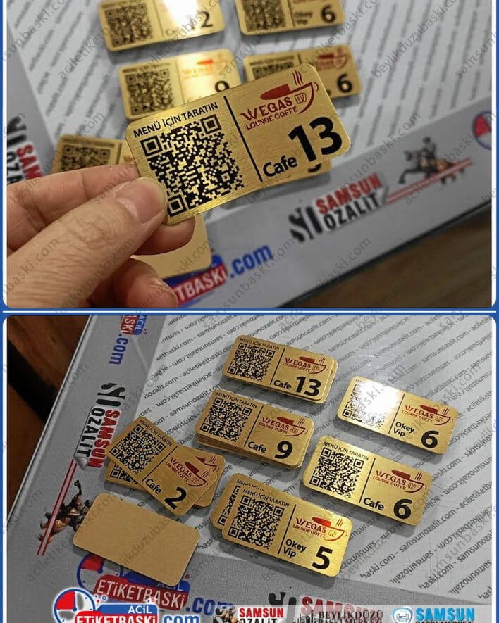 Cafe, oyun salonu, büfe, restoran için, qr kod baskılı, menü etiketi, metal etiket, dayanıklı, kaliteli, arkası bantlı, hızlı üretim, aynı gün gönderim, acil metal etiket baskı merkezi