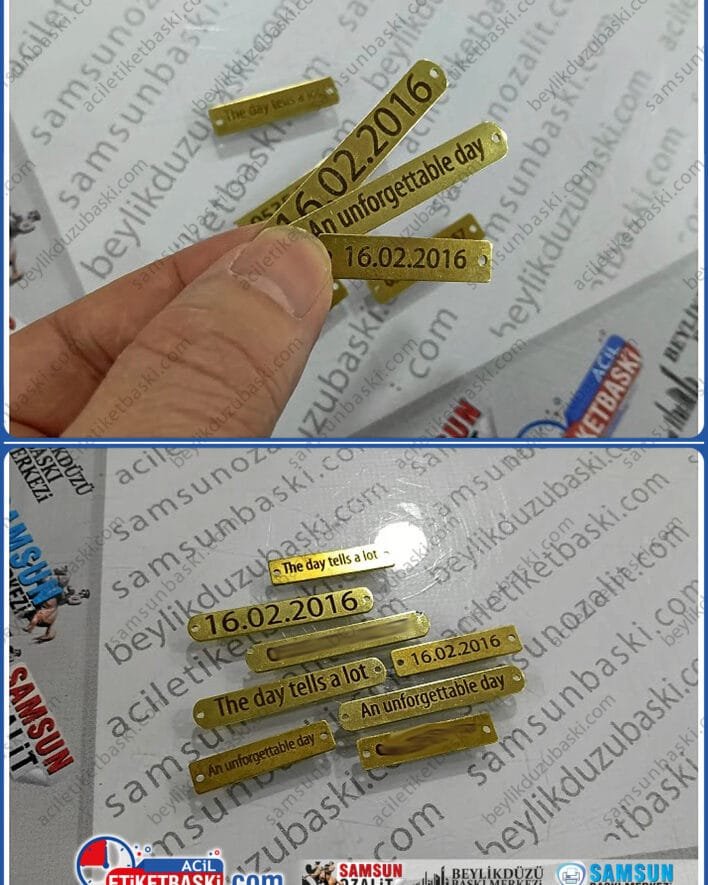 gerçek pirinç, lazer baskılı, ebat ve adet değişken olabilir, kalıcı baskı, stoktan teslim, ebat ve adede göre fiyat çıkar, minimum üretim 100gr, kaliteli metal etiket, kenarları delikli acil pirinç eskitme, antik görümlü metal etiket üretimi