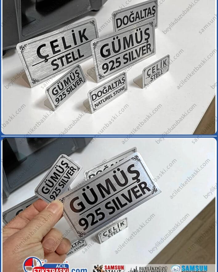 Gümüş ve değerli taş, mağaza için, vitrin etiketi, L şeklinde bükülmüş tabela, çeşitli boylarda, yazılı ve albenisi yüksek, metal tabela, gümü, doğal taş, çelik, yazılı, vitrin tabela üretim, imalat, aynı gün gönderim, acil tabela üretim ve baskı merkezi
