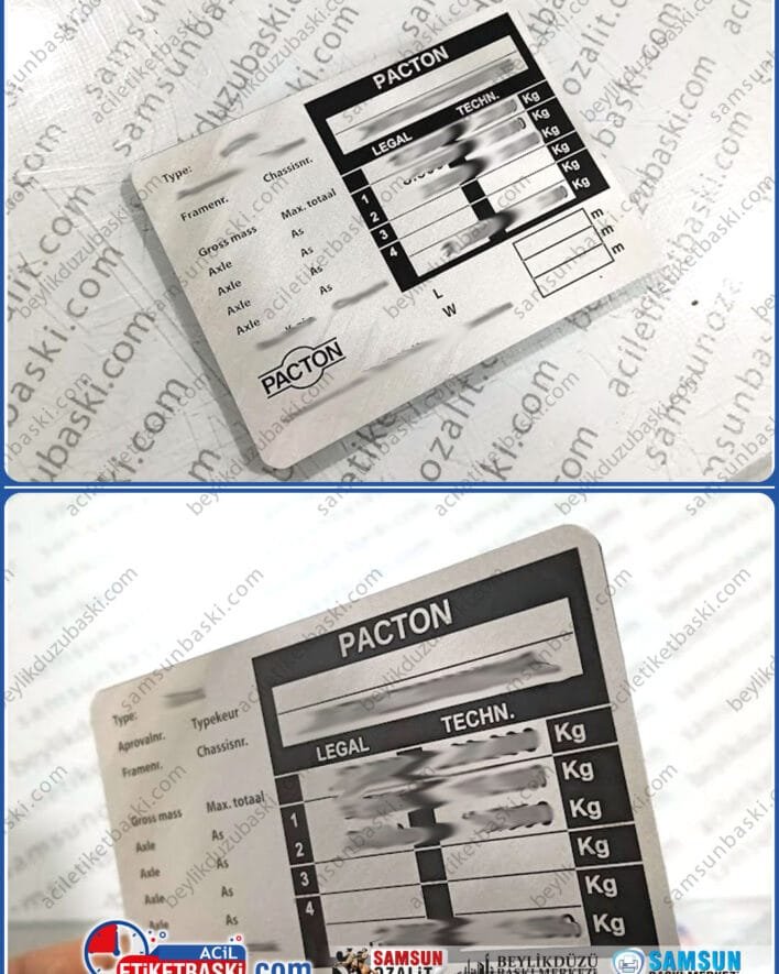 Pacton marka, ALB etiketi, dorse, tır, taşıyıcı, yüklenici etiketi, taşıma kapasitesi, ağırlık, dingil, seri no, vin kodu yazılı araç ALB etiket basısı