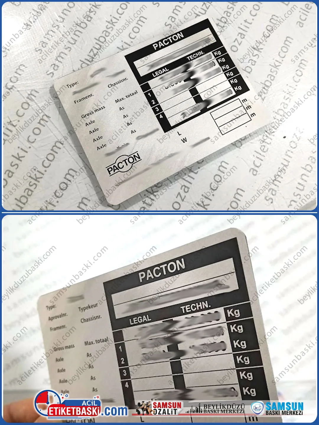 Pacton marka, ALB etiketi, dorse, tır, taşıyıcı, yüklenici etiketi, taşıma kapasitesi, ağırlık, dingil, seri no, vin kodu yazılı araç ALB etiket basısı