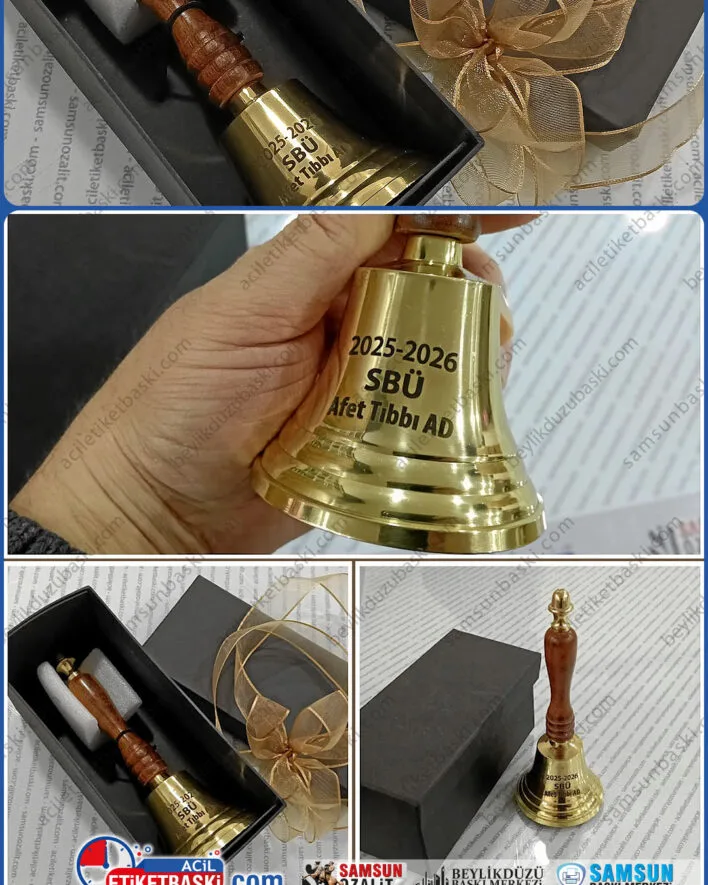 Lazer ile kişiselleştirilmiş baskı, uyarı zili, okul zili gibi, bu pirinç metal üzerine, müşteri yazı istemiş, ürün gönderip, kargo ile geri gönderim sağlanmıştır, lazer ile kalıcı baskı, tüm ülkeye kargo ile hizmet verilir, az adet diye bir ayrımımız yok, önemli olan müşteri taleplerini karşılamak, hizmet vermektir, samsun baskı merkezi