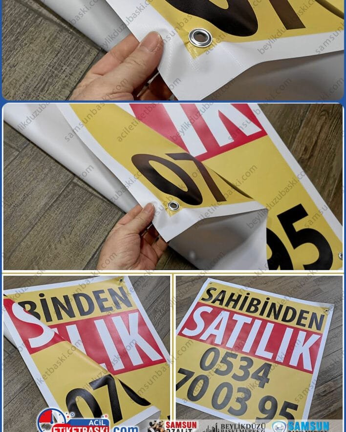 Satılık, kiralık, branda, dış mekan dayanıklı, 4 köşe kuşgözü, istenilen ebat, adet yapılır, avrupa malzeme, hızlı üretim, samsun afiş emlak ilan baskısı, afiş branda, samsun baskı merkezi