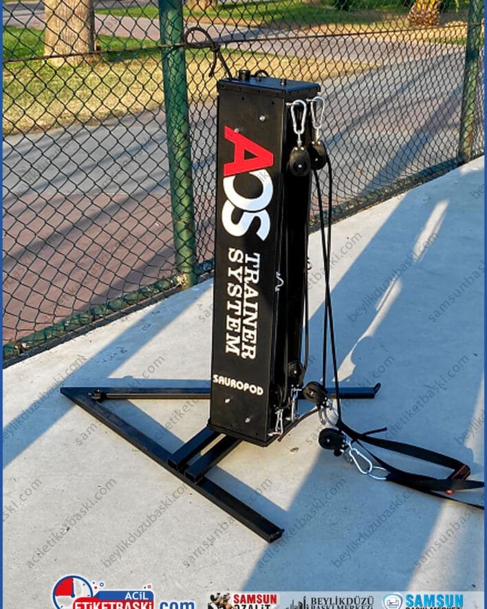 aos trainer etiket, egzersiz cihazı sticker, folyo kesim yazı, spor aleti markalama, samsun folyo kesim merkezi, dış mekan dayanıklı folyo, ekipman etiketleme, acil folyo baskı