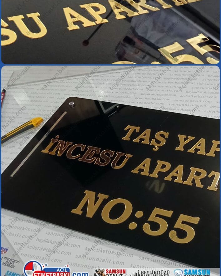 Apartman Tabelası, bina giriş tabelası, pleksi tabela, üzeri pleksi harf kesim, siyah tabela, 4 köşe dekoratif vida, ebat ve adede göre fiyat alınız, acil üretim aynı gün gönderim, samsun baskı merkezi