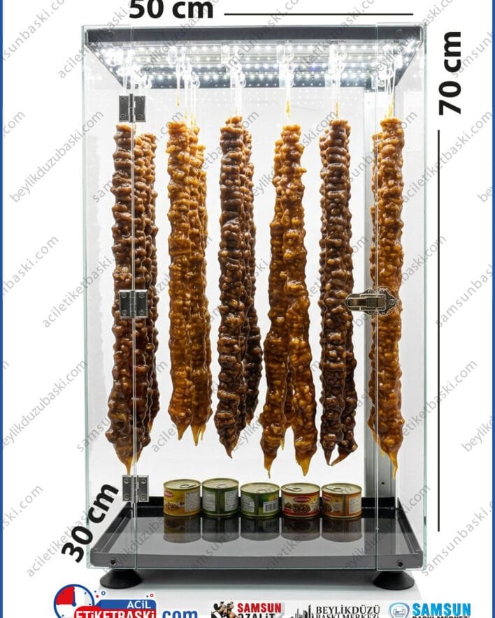 aydınlatmalı pleksi kutu, ceviz sucuk standı, kilitli teşhir kutusu, kuruyemiş vitrin standı, 3,8mm pleksi kutu, aktar showroom ürünleri, ışıklı gıda kutusu, samsun pleksi imalatı