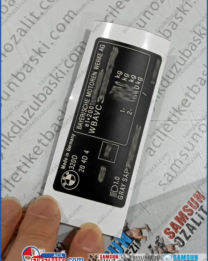 bmw 320d şasi etiketi, bmw kapı direği etiketi, vin numarası baskı, bmw f30 şasi sticker, kaybolan vin etiketi üretimi, aslına uygun şasi baskı, muayene uyumlu bmw etiketi, araç kimlik etiketi