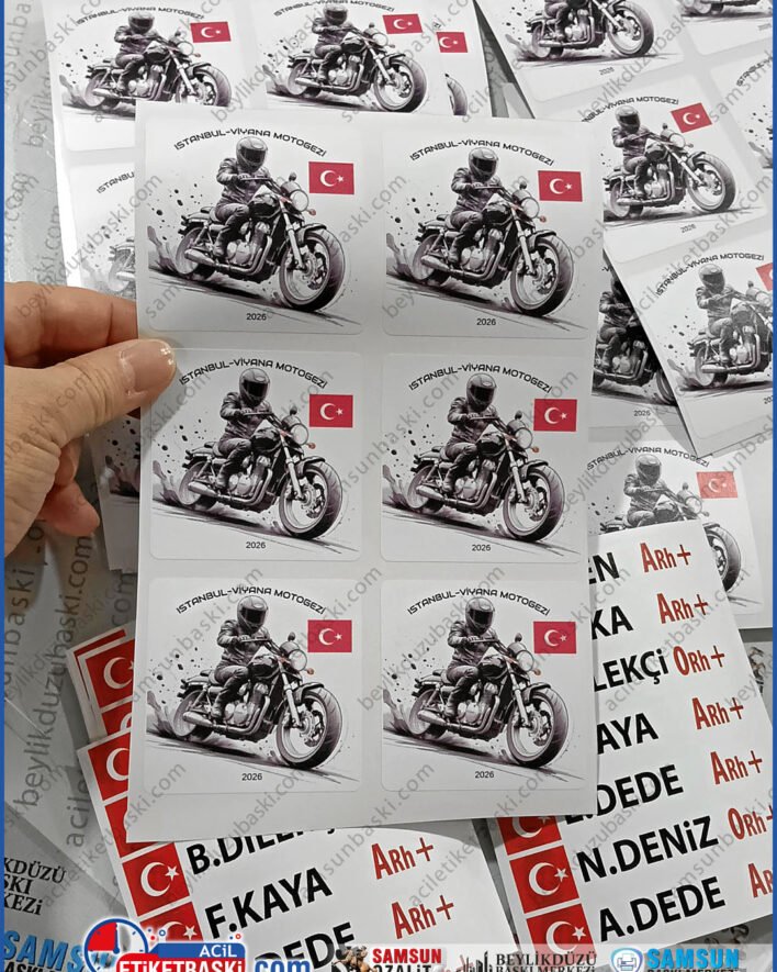 Motosiklet etiketi, gezi grubu etiketi, motosiklet kullanıcı kan grubu etiketi, kaliteli etiket, dış mekan dayanıklı, aynı gün gönderim, acil etiket baskı merkezi, samsun baskı merkezi