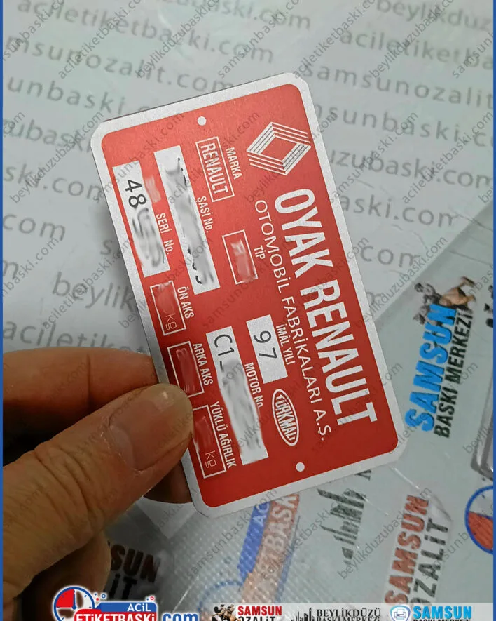 renault motor seri no, toros şasi etiketi, oyak renault teknik etiket, eski model reno sticker, motor numarası baskısı, samsun araç etiketleri, muayene uyumlu motor etiketi, klasik renault