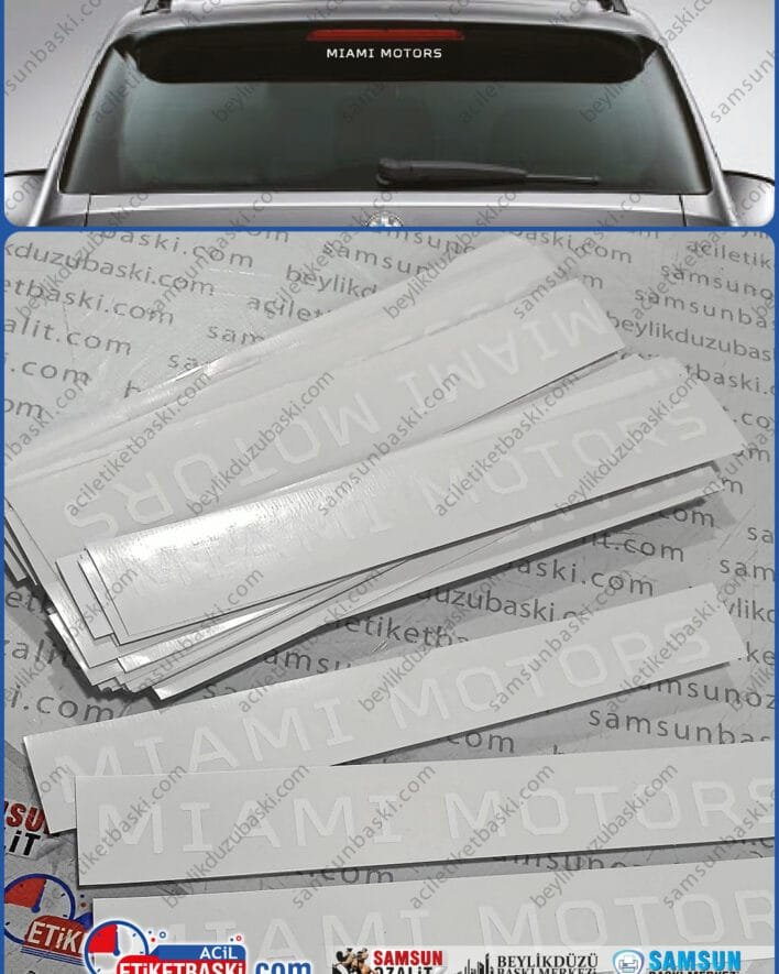 araç arka cam etiketi, galeri için, galeri logo ve yazısı olan, arka cam galeri etiket baskısı, kargo ile gönderim, tasarım desteği, renkli ve tek renk üretim yapılabilir, samsun baskı merkezi, acil üretim ve imalat reklam malzemeleri