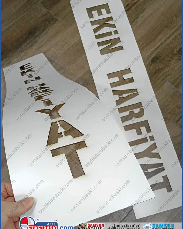 Şablon, boyama şablonu, plastik esnek ürün, ebat ve adede göre fiyat, 3mm plastik kalınlığı, lazer ile tasarıma uygun kesim, acil şablon üretim kesim, baskı merkezi