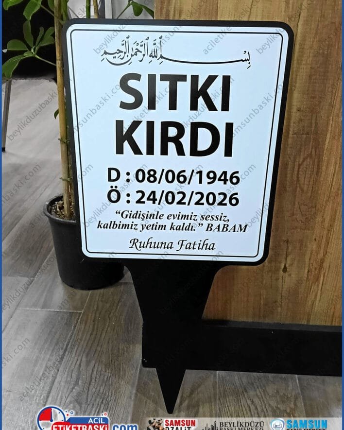 mezar başlığı, geçici mezar taşı, toprağa saplanan, dış mekan dayanıklı, metal ürün, 2 yüzey baskılı, paslanmaz, 35x65cm ebadında, kaliteli ürün, aynı gün kargo imkanı