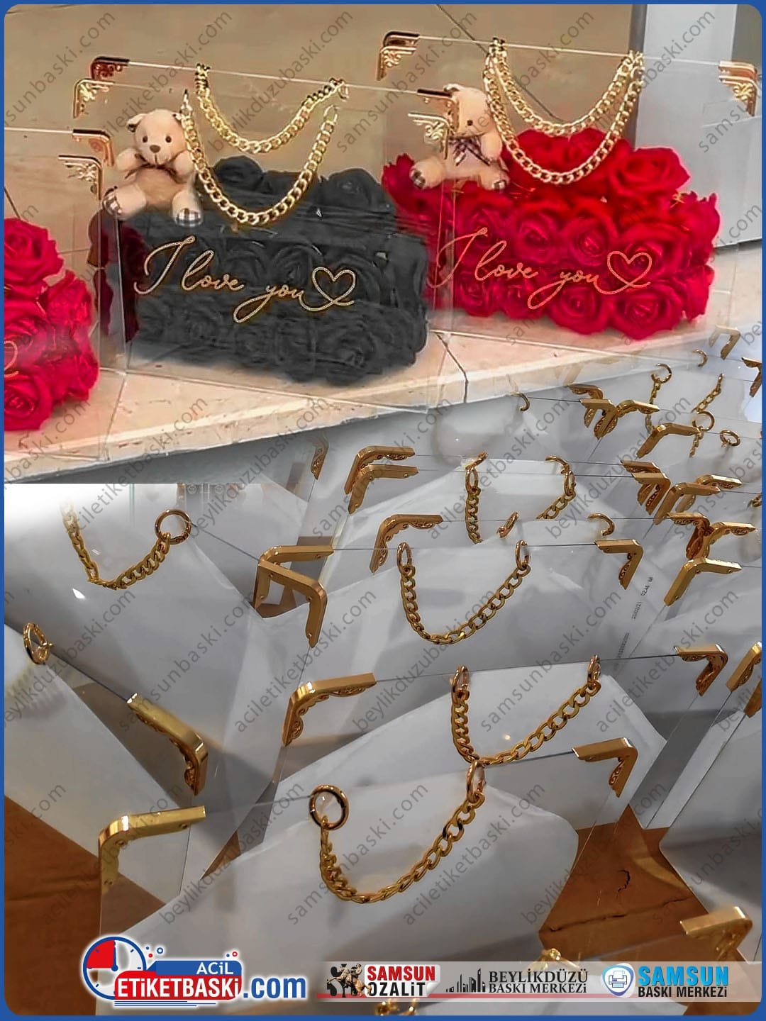 seffaf-hediye-cantasi-altin-zincir-metal-kose-detayli-30x20x12 şeffaf hediye çantası, altın zincirli çanta, metal köşeli kutu, varak yaldız baskılı çanta, şeffaf kozmetik çantası, lüks hediye sunumu, samsun pleksi çanta imalatı, kişiye özel şeffaf kutu