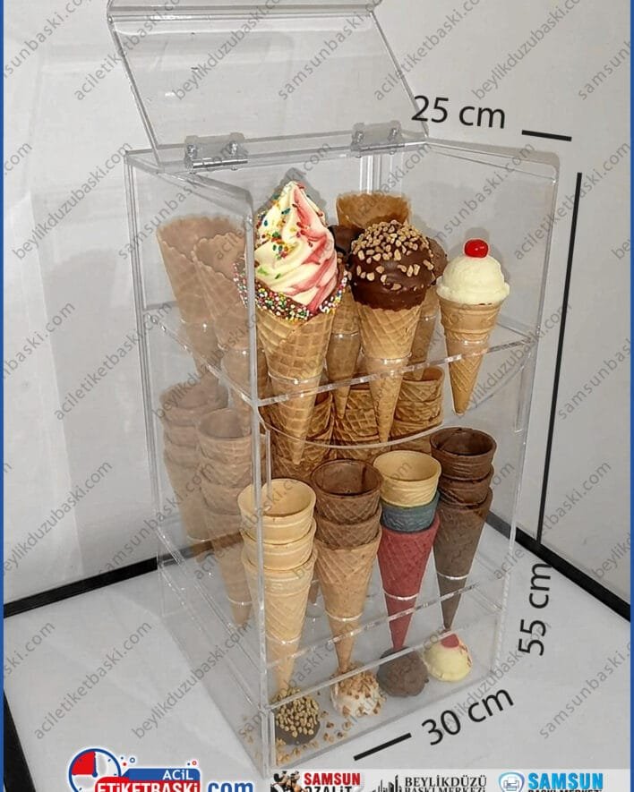 pleksi külah kutusu, dondurma külah standı, şeffaf külah saklama, menteşeli pleksi kutu, samsun pleksi imalatı, hijyenik külah kutusu, dondurmacı ekipmanları, kapaklı pleksi stand